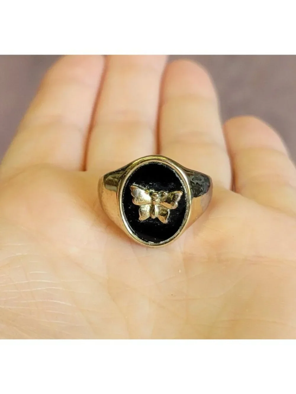 Vintage AVON? Black enamel Butterfly Silver Tone Ring Size 7 R1